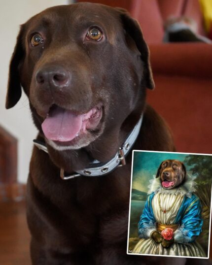 A chocolate lab with its mouth open sits indoors, wearing a light blue collar. In front is The Pink Noble Lady #11 - Custom Design Pet Canvas, showing the dog in a blue historical gown holding a rose against a scenic backdrop.