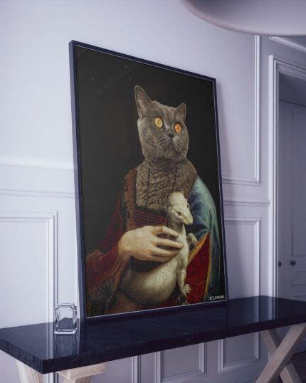 The Noble Lady with Armine #3 - Custom Design Pet Canvas Painting displays a Renaissance-style portrait of a cat-headed figure in historic attire, holding an ermine, adding charm to modern interiors with white walls.