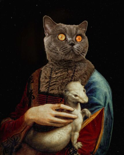 The Noble Lady with Armine #3 is a custom design pet canvas painting featuring a gray cat in Renaissance attire holding a small white animal, ideal for unique canvas printing and personalized home decor.