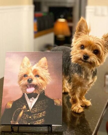 A small brown and black dog stands on a counter next to the Special Design Canvas Painting – Noble Gentleman #10, which shows the dog in a historic military uniform. The dog tilts its head, matching the pose in the artwork.