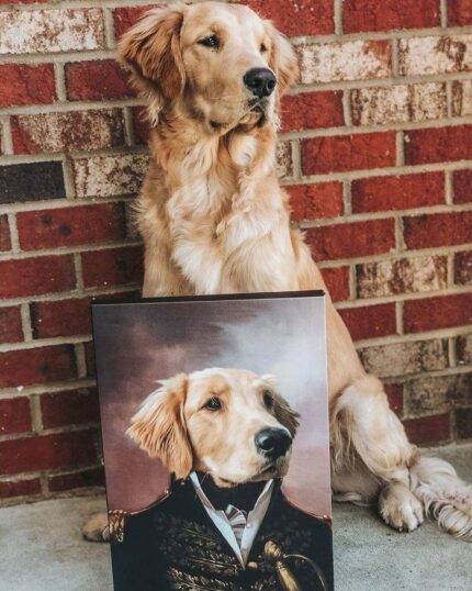 A golden retriever sits by a brick wall, posing regally next to the Special Design Canvas Painting – Noble Gentleman #10, which features its portrait dressed in ornate, historical military attire.