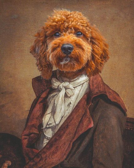 The Noble Gentleman #1 - Custom Pet Canvas features a dog with curly reddish-brown fur in vintage attire—a white cravat and brown coat—against a plain brown background, perfect for unique canvas printing or custom pet portraits.