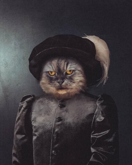 A serious-looking cat in an old-fashioned black outfit and feathered hat poses against a dark background—perfect for "The Noble Gentleman #7 - Custom Design Canvas Painting," ideal as a unique, classic pet portrait.