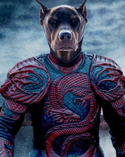 A Doberman in ornate dark armor with red snake motifs stands before a moody sky—an eye-catching look featured on "The Knight #5 - Custom Design Canvas," perfect for a custom pet portrait.