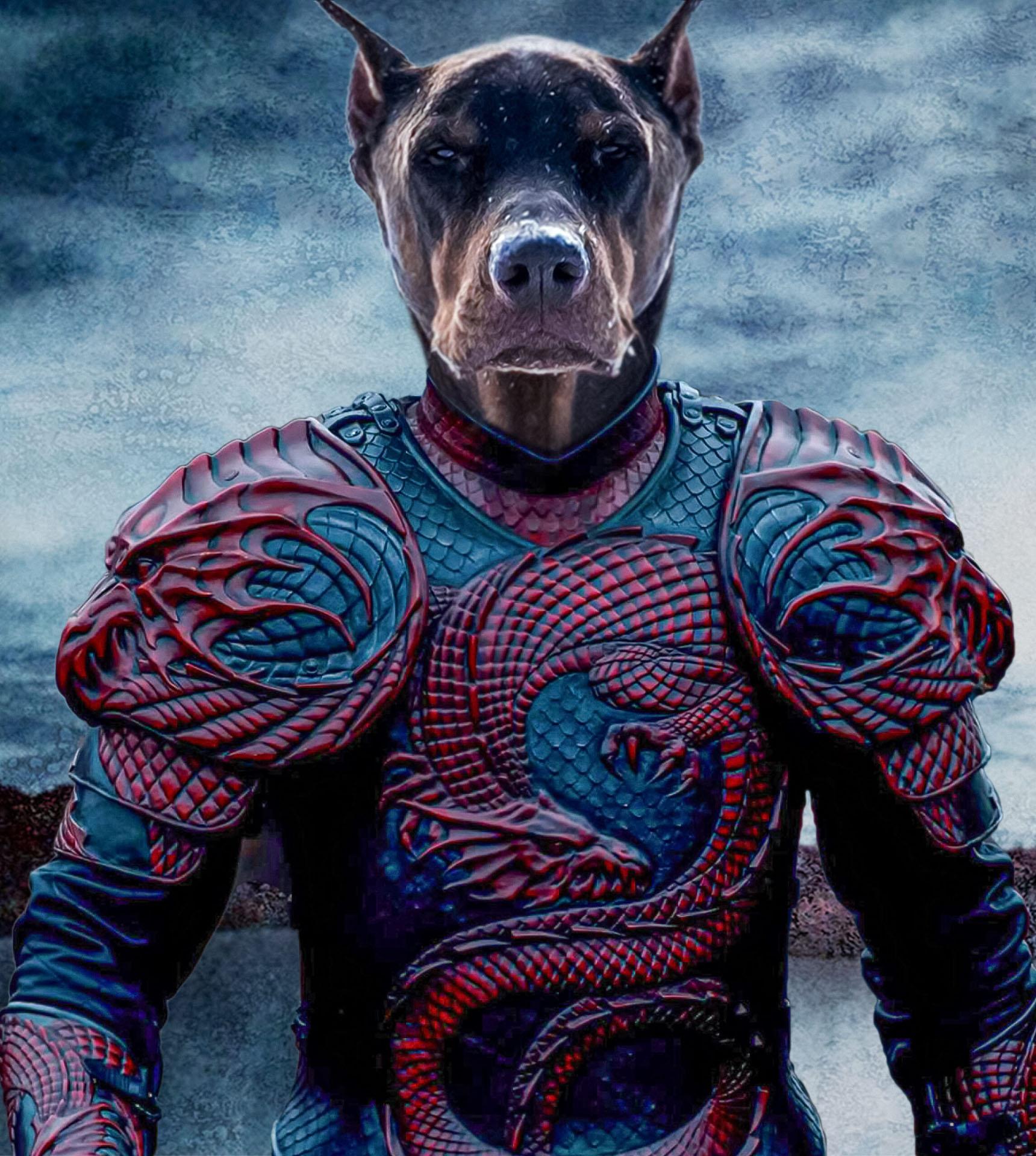A Doberman In Ornate Dark Armor With Red Snake Motifs Stands Before A Moody Sky—An Eye-Catching Look Featured On &Amp;Quot;The Knight #5 - Custom Design Canvas,&Amp;Quot; Perfect For A Custom Pet Portrait. Kırmızı yılan motifli süslü koyu zırhlı bir Doberman, karamsar bir gökyüzünün önünde duruyor. "The Knight #5 - Custom Design Canvas"da yer alan bu göz alıcı görünüm, özel evcil hayvan portresi için mükemmel bir seçimdir.