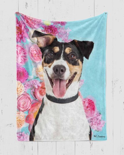 The Custom Pop Art Blanket – Floral Patterns features a happy black and white dog with tan markings sitting by pink flowers and a light blue sky—ideal inspiration for your own unique pet canvas or custom pet design.