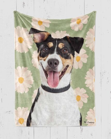 The Custom Pop Art Blanket – Floral Patterns features a large, happy black, white, and tan dog on a green background with pink flowers. A vibrant custom design, it's the perfect cozy gift for pet lovers to celebrate their furry friends.