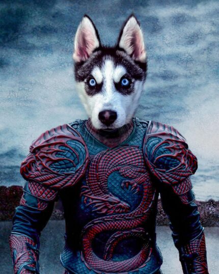 The Knight #5 - Custom Design Canvas features a blue-eyed husky in black-and-white fur and ornate dark blue and red dragon-themed medieval armor, set against a stormy sky—ideal for unique pet portraits.