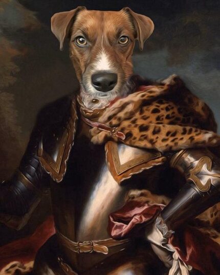The Knight #7 - Custom Pet Canvas showcases a brown and white dog’s realistic head on a regal figure in ornate armor with a leopard-print cape, set against a dark, classical background for timeless appeal.