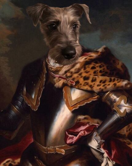 The Knight #7 - Custom Pet Canvas transforms your dog into a noble figure in ornate armor and a leopard-print cape on a dramatic, dark background for a truly unique, classic-style masterpiece.