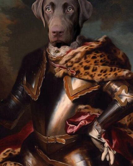 The Knight #7 - Custom Pet Canvas features your pet's head on a regal figure in ornate armor and a leopard-skin cape, posed against a dramatic background—an exquisite, classical-style custom portrait.