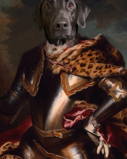 The Knight #7 - Custom Pet Canvas features digital art of a regal figure in ornate armor and a leopard-patterned cloak with the head of your pet, set against a dramatic classical background for a unique custom design.