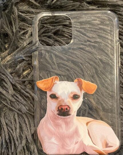 The Personalized Transparent Phone Case features a custom pet canvas design of a small white dog with tan ears lying on a shaggy gray textured background.