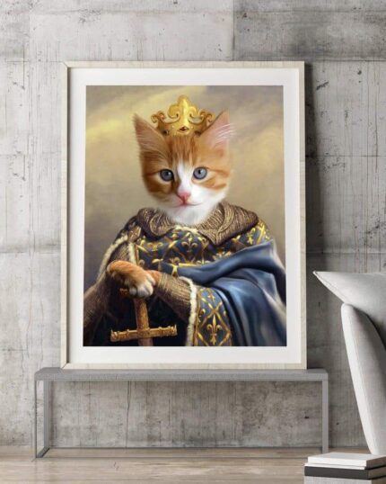 The King #1 - Custom Design Pet Canvas Painting showcases a majestic cat as a king, complete with crown and sword. The framed artwork is displayed above a metal bench, leaning stylishly against a modern concrete wall.