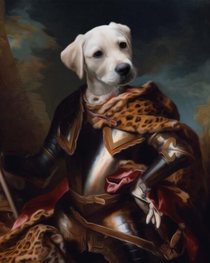 The Knight #7 - Custom Pet Canvas features a digital painting of a white-coated dog in ornate medieval armor and a leopard-print cloak, posed regally against a dramatic backdrop—ideal for personalized pet canvas printing.