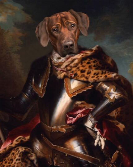 The Knight #7 - Custom Pet Canvas features your pet’s head on a regal figure in ornate armor and a leopard-print robe, creating a humorous and unique design—ideal for memorable canvas printing.