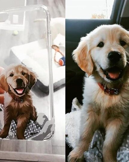 A hand holds a Personalized Transparent Phone Case featuring a custom golden retriever puppy illustration; next to it, the real smiling puppy sits in a car, closely resembling the artwork on the case.