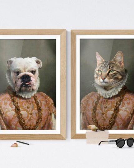 The Noble Lady #4 - Custom Design Canvas features two framed portraits of a bulldog and tabby cat in vintage outfits with beaded necklaces, adding stylish charm to your decor with its unique canvas printing.