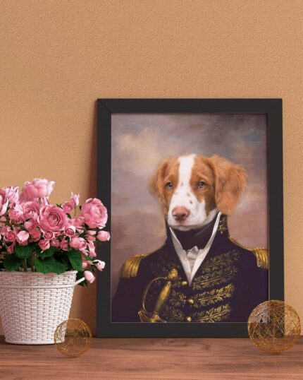 The Special Design Canvas Painting – Noble Gentleman #10 shows a dog in a grand military uniform, framed and displayed on wood next to a white basket of pink roses and gold spheres, all set against a tan wall.