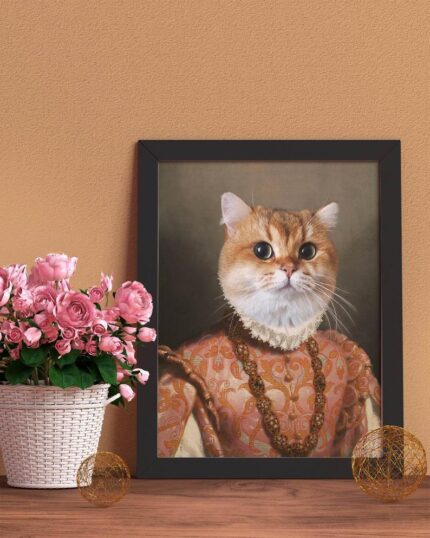 The Noble Lady #4 - Custom Design Canvas features a regal cat in vintage attire with jewelry, posed on wood beside a white basket of pink roses and gold spheres, set against a brown wall.