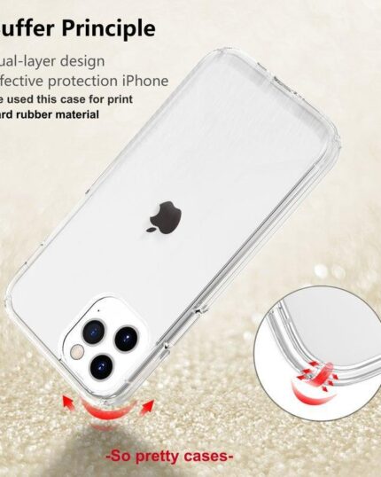 The Personalized Transparent Phone Case is displayed on a sparkly background, featuring its dual-layer design, impact protection, print compatibility (including canvas), and durable hard rubber material. An inset highlights its protective qualities.