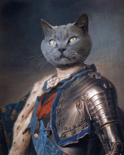 The Knight #2 - Custom Pet Canvas features a grey cat with yellow eyes digitally edited onto a nobleman in ornate armor and a royal blue sash, creating a regal and humorous custom artwork of your pet.