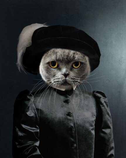 The Noble Gentleman #7 - Custom Design Canvas Painting features a gray cat with yellow eyes in a black vintage outfit and feathered hat, ideal for adding charm and elegance to any space with unique pet portrait canvas printing.