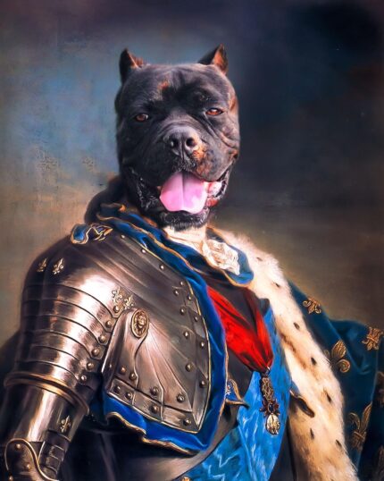 Introducing "The Knight #2 - Custom Pet Canvas": a digital painting of a black dog in ornate medieval armor, blue sash, and fur cape, posing regally with tongue out—ideal for custom canvas art or unique pet portrait gifts.