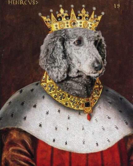 The King #2 - Custom Design Canvas Painting features a regal poodle in a golden crown and royal robe, styled like a classical king’s portrait with 'HENRICVS' at the top—a perfect gift for art-loving pet owners.