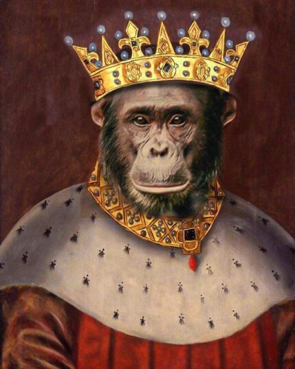 A regal chimpanzee in a jeweled gold crown and ornate royal robe with fur collar, posed portrait-style against a dark background—ideal for The King #2 - Custom Design Canvas Painting and personalized canvas printing.
