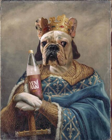 The King #1 - Custom Design Pet Canvas Painting features a majestic bulldog with a jeweled crown and ornate robe, holding a Yeni Raki bottle and resting on a sword in a classic royal portrait style—ideal for custom pet canvas printing.
