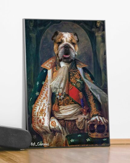 A portrait-style "Costume Style – All Kings" pet canvas shows a bulldog dressed as a regal king, complete with crown and ornate embroidery, leaning against a wall on a wooden floor—perfect for unique custom canvas printing.