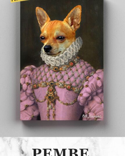 A portrait of a Chihuahua in a regal Renaissance pink gown with ruffled collar. For pet canvas lovers, yellow text says YENİ KOSTÜM! The title PEMBE KRALİCE #6 appears below. Product: Costume Style – All Queens.