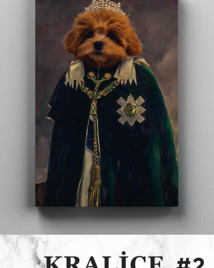 A fluffy brown dog as a queen in crown, green robe, and jeweled necklace is featured on this custom “Costume Style – All Queens” pet canvas. “YENİ KOSTÜM!” tops the image; “KRALİÇE #2” is at the bottom.