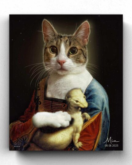 The Noble Lady with Armine #3 - Custom Design Pet Canvas Painting features a cat in Renaissance attire holding a ferret, styled after classic portraits, with Mia's signature and 08.08.2023 in the corner—ideal for pet canvas art lovers.