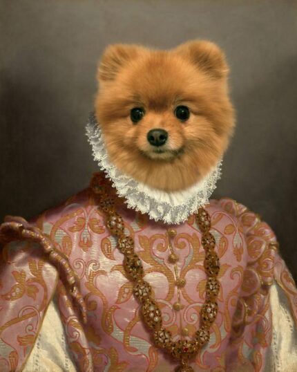 The Noble Lady #4 - Custom Design Canvas features a digital artwork of a small, fluffy, reddish-brown dog in ornate Renaissance attire—ideal for canvas printing and creating a regal pet portrait.