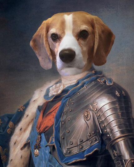 A beagle dog appears as a royal knight in ornate armor and a blue fur-trimmed cape against a dark background on "The Knight #2 - Custom Pet Canvas.