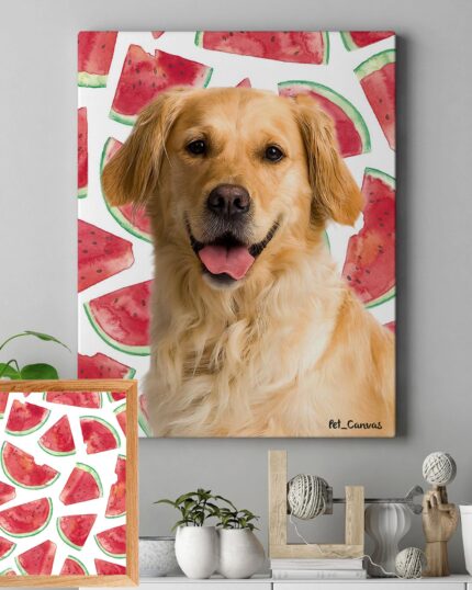 The Pop Art – Fruits custom pet canvas showcases a golden retriever smiling against a watermelon slice background, while a matching framed picture with the same pattern sits on a shelf beside plants and décor.