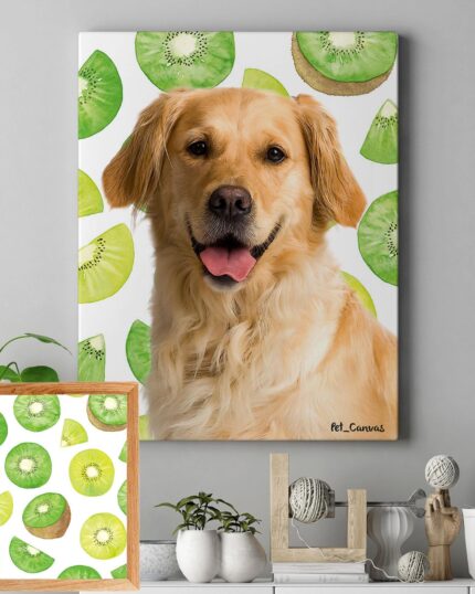 A Pop Art – Fruits canvas featuring a golden retriever with a joyful look hangs on the wall amid kiwi illustrations, complemented by a framed kiwi print and small plants that brighten up the modern shelf décor.