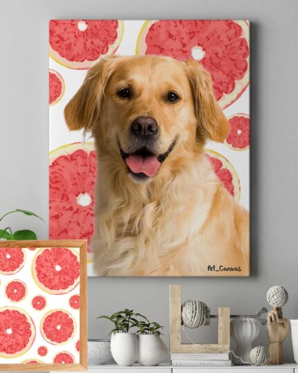 The "Pop Art – Fruits" pet canvas shows a happy golden retriever against a pink grapefruit pattern, hanging on a gray wall above a shelf with plants and decor.