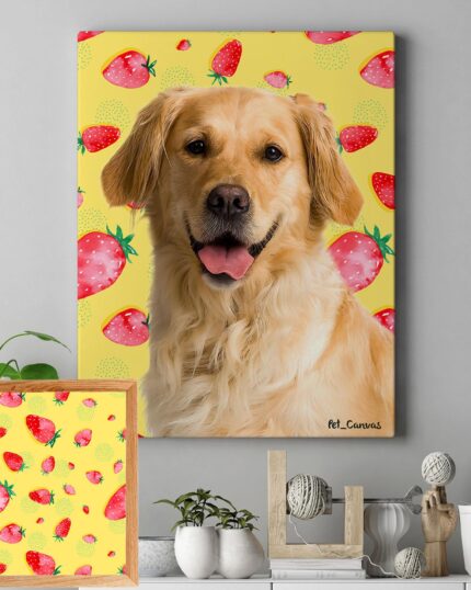 The Pop Art – Fruits custom pet canvas showcases a golden retriever with a joyful expression on a yellow background with strawberries, complemented by a smaller matching canvas displayed below.