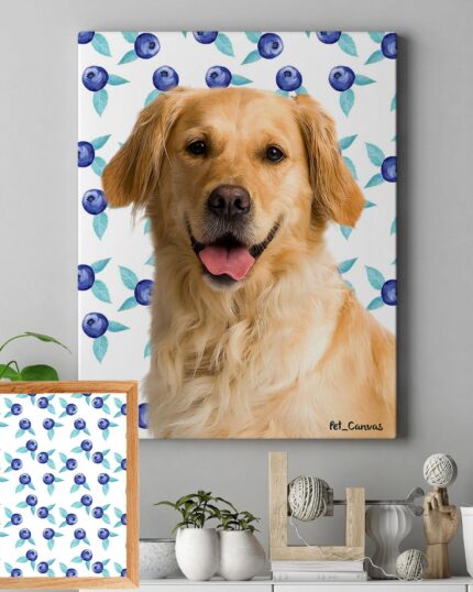 A Pop Art – Fruits canvas featuring a golden retriever with a blueberry and leaf pattern hangs above a shelf with plants and decor. A smaller print of the blueberry pattern sits on the shelf, highlighting creative canvas printing.