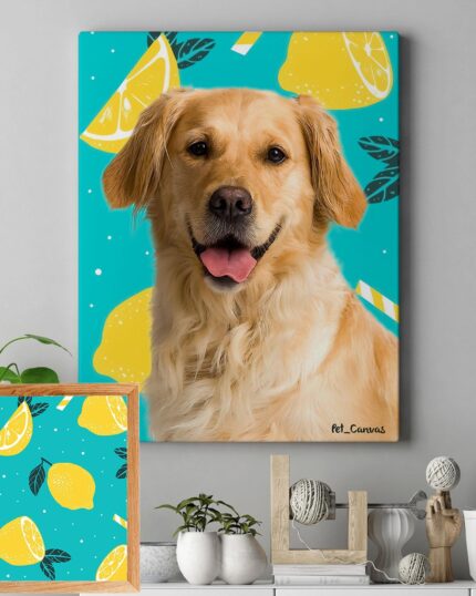 The Pop Art – Fruits pet canvas features a golden retriever with a joyful expression against a blue background decorated with lemons and leaves, perfectly paired with a matching lemon-patterned print on the gray shelf below.