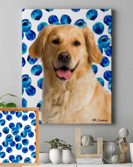 A room features the Pop Art – Fruits canvas—a framed artwork of vibrant fruit on a bold background—above a shelf with plants and decor. A smaller framed version of the same colorful pop art rests on the shelf.