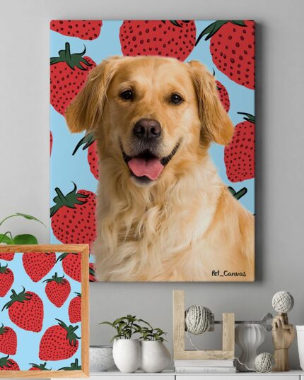 A wall displays Pop Art – Fruits: a custom pet canvas featuring a golden retriever with its mouth open on a blue background with large red strawberries. Nearby, a smaller frame showcases just the vibrant strawberry pattern.