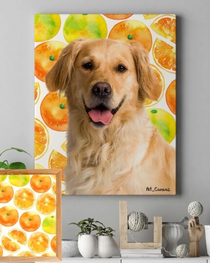 A Pop Art – Fruits pet canvas featuring a golden retriever with vibrant orange slices hangs on a gray wall above a shelf with plants and decor. Another orange slice print from the Pop Art – Fruits collection sits on the shelf.