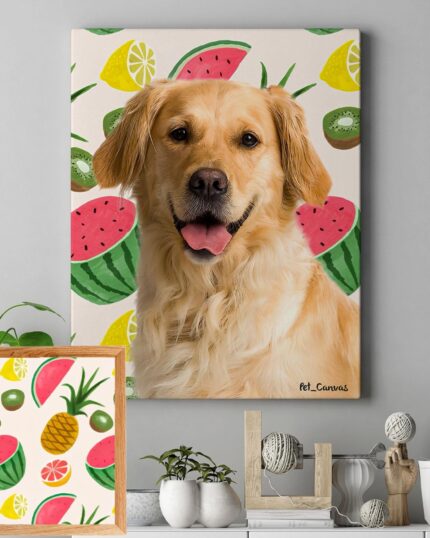 A framed custom design pet canvas with a golden retriever and colorful fruit slices hangs on the wall, while a small Pop Art – Fruits print featuring assorted fruits sits among decorative objects on the shelf.