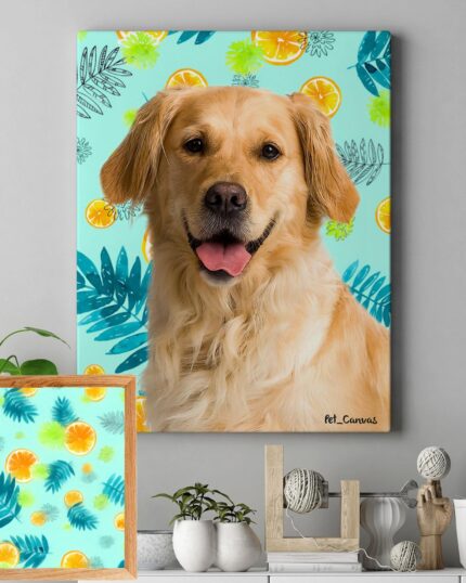 A Pop Art – Fruits framed custom pet canvas print of a golden retriever with a cheerful look is displayed on a wall, featuring blue leaves and orange slices. A matching frame rests below on a gray shelf near plants and decor.