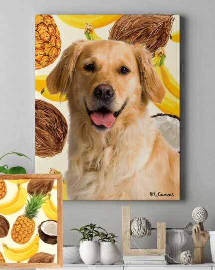 A framed "Pop Art – Fruits" canvas featuring a golden retriever with bananas, pineapples, and coconuts hangs above a shelf. Below is a matching smaller piece with the same vibrant design—perfect for unique canvas decor.