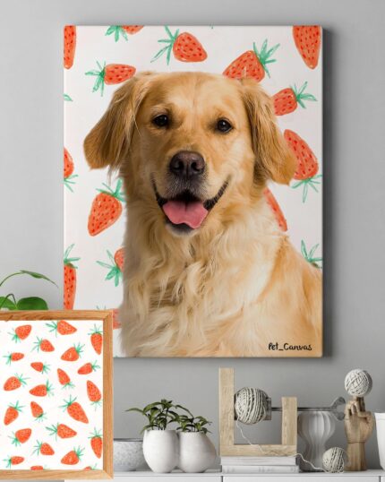 A “Pop Art – Fruits” custom pet canvas showcasing a happy golden retriever with its tongue out and hand-drawn strawberries hangs on a gray wall above a shelf decorated with matching strawberry-themed art and decor.